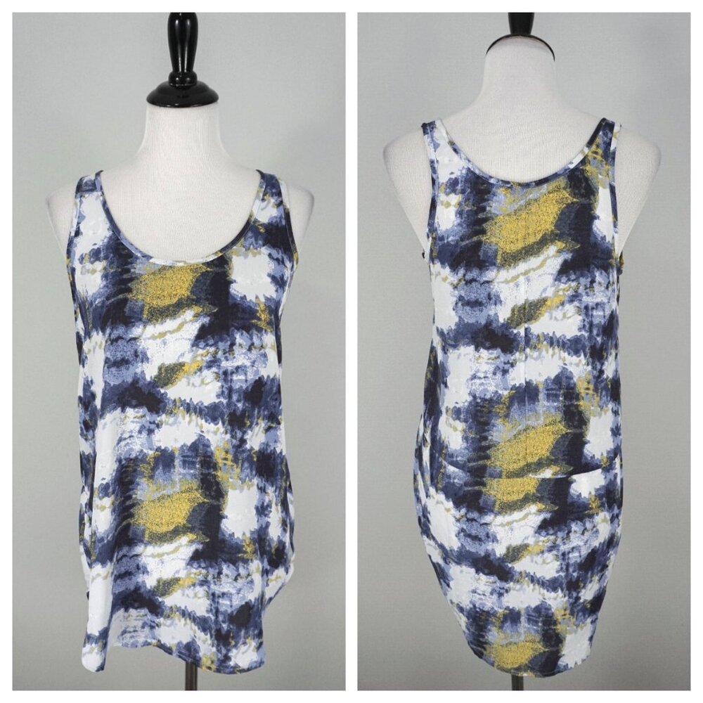 BP Blue White Yellow Sleeveless Scoop Neck Blouse Top Tunic Shirt Size Small